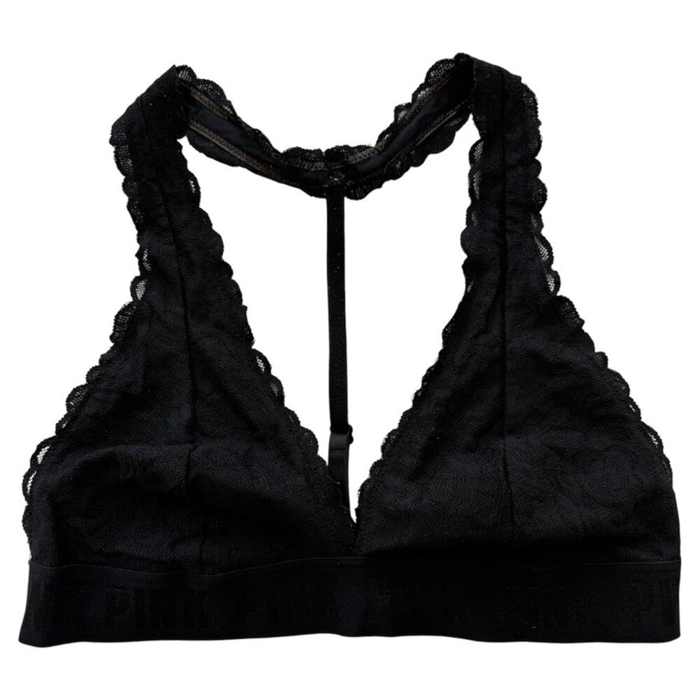 Victoria's Secret PINK Black Lace Halter T-Back Bralette Unlined Size Medium